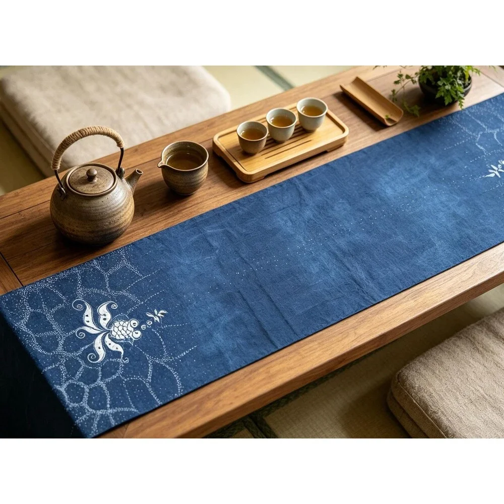 Indigo Batik Goldfish Table Runner | Handmade Cotton Dining Table Decor